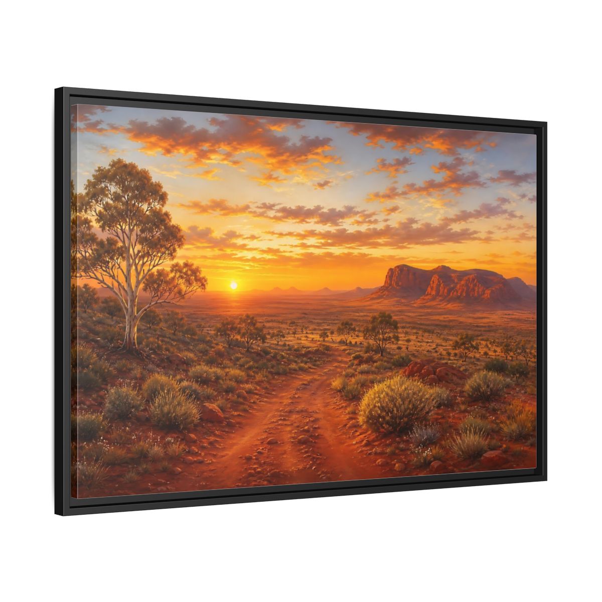 Side Mockup 13. Golden Outback Sunset shown as framed canvas print