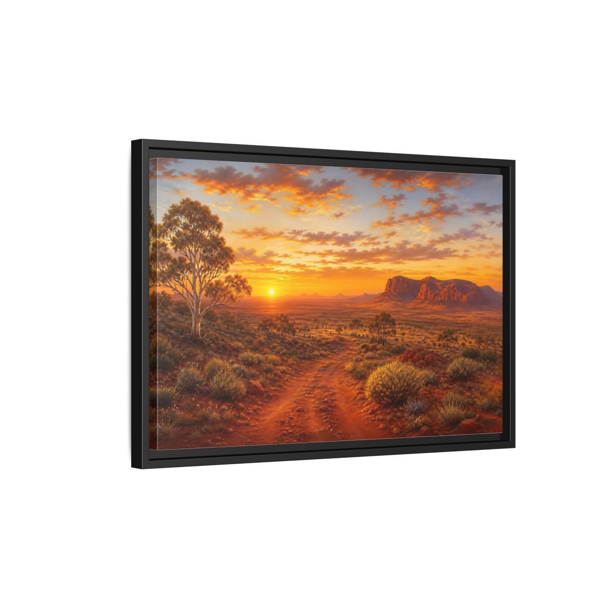 Side Mockup 3. Golden Outback Sunset shown as framed canvas print
