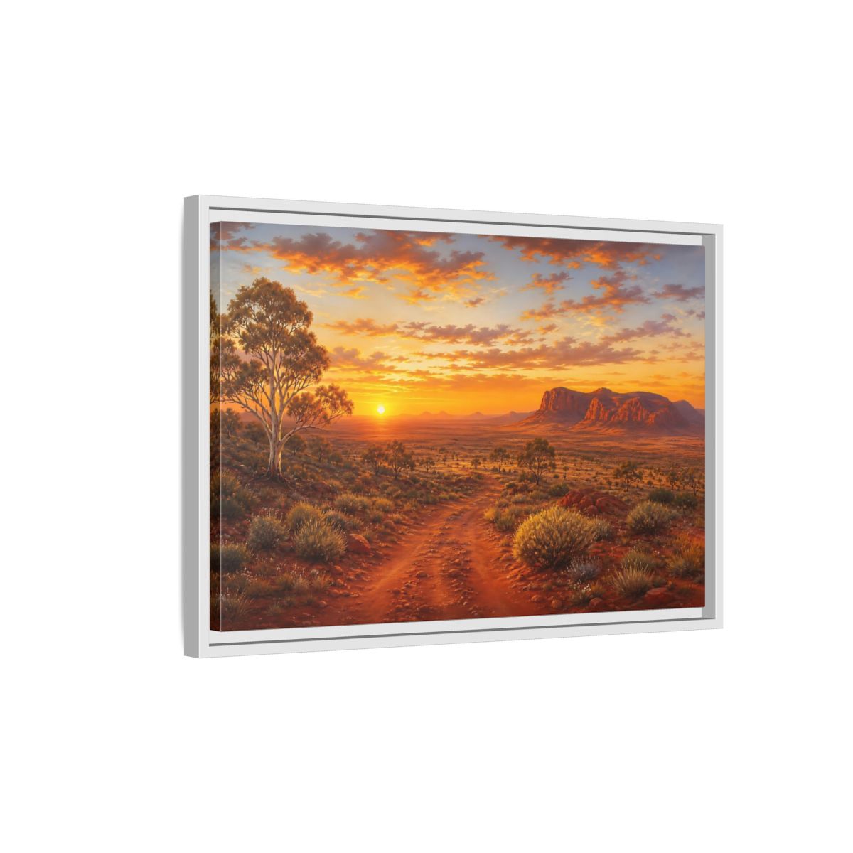 Side Mockup 1. Golden Outback Sunset shown as framed canvas print