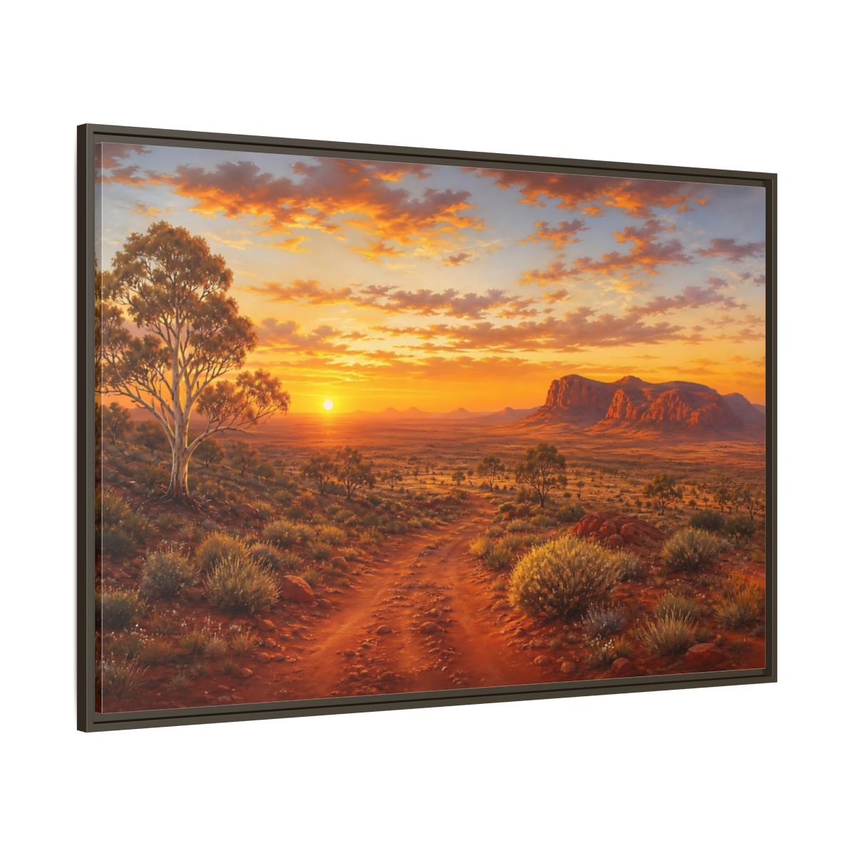 Side Mockup 8. Golden Outback Sunset shown as framed canvas print