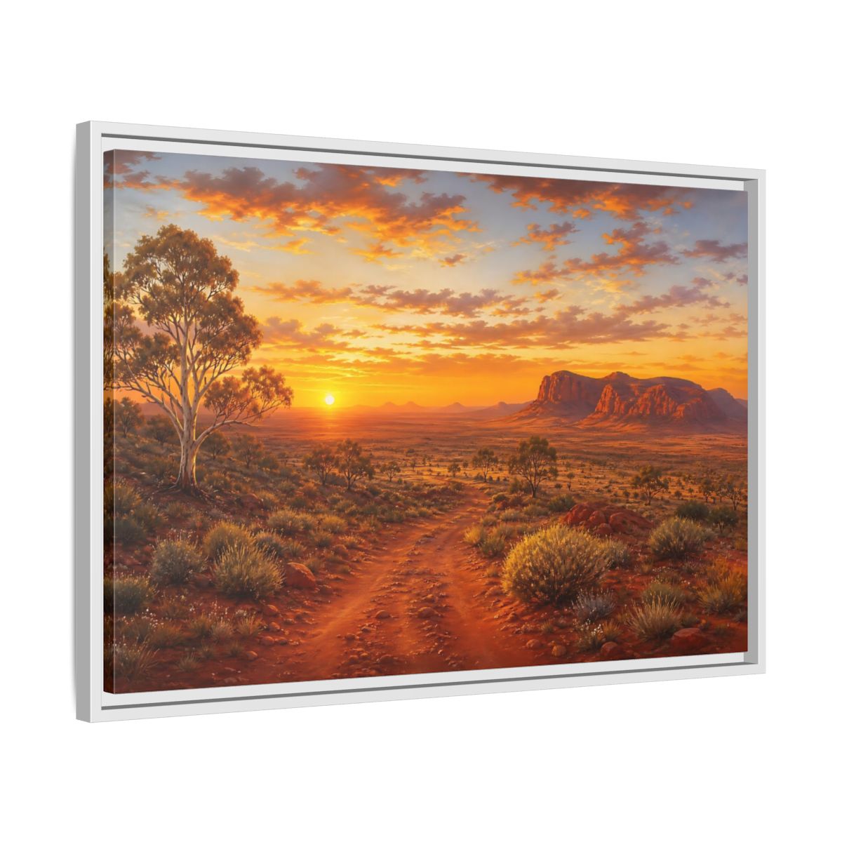 Side Mockup 10. Golden Outback Sunset shown as framed canvas print