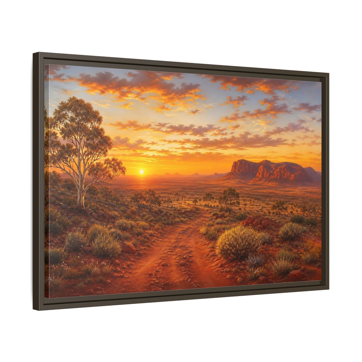 Side Mockup 11. Golden Outback Sunset shown as framed canvas print