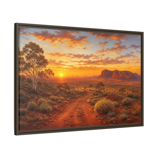 Main Mockup. Golden Outback Sunset shown as framed canvas print