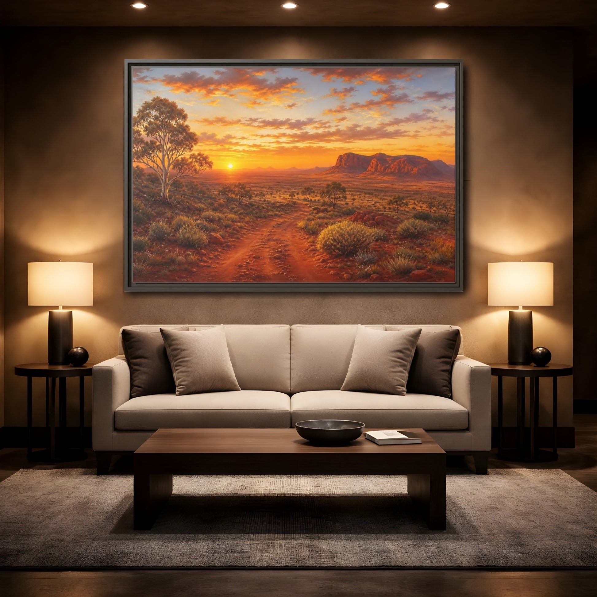 Mockup 2. Golden Outback Sunset shown as framed canvas print