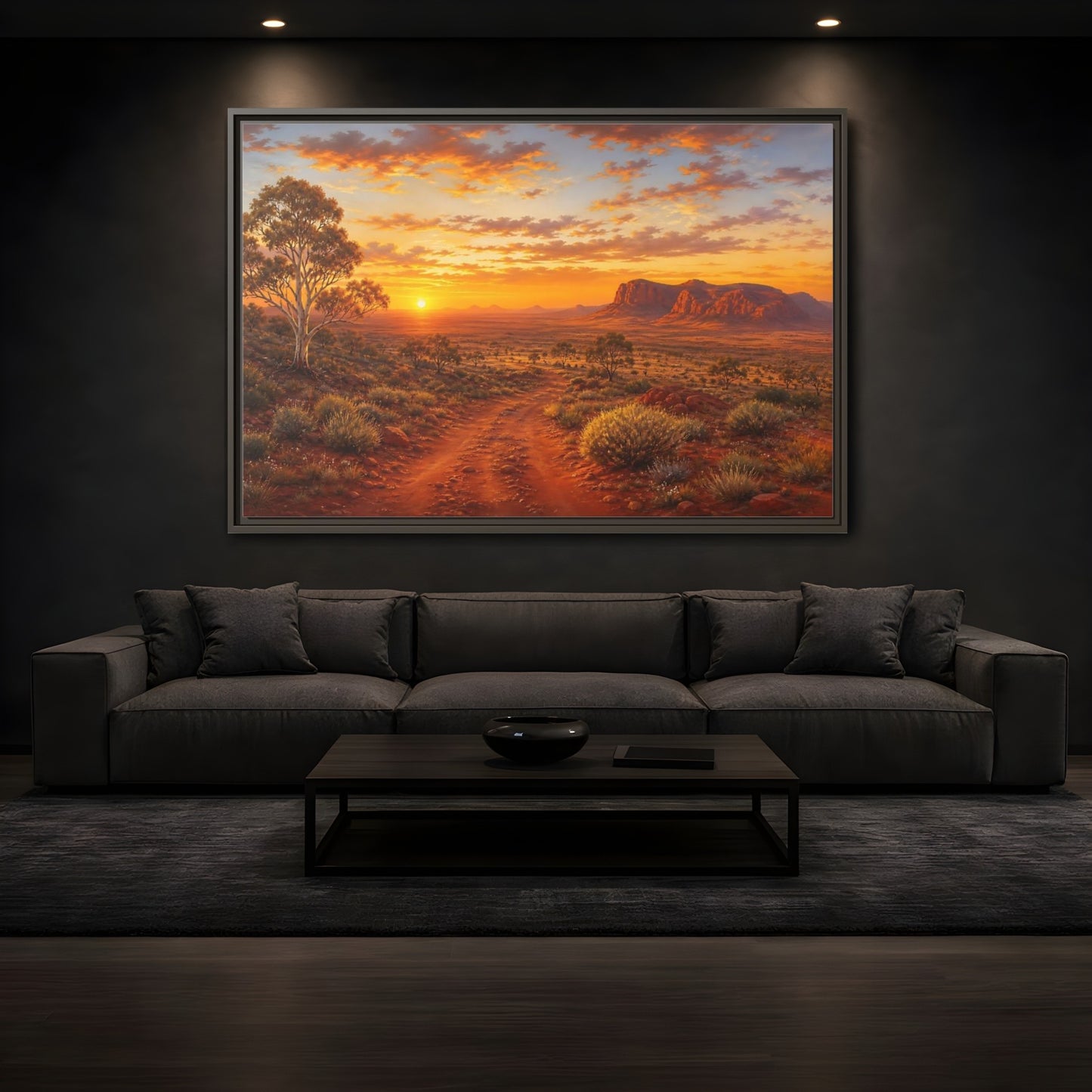 Mockup 3. Golden Outback Sunset shown as framed canvas print