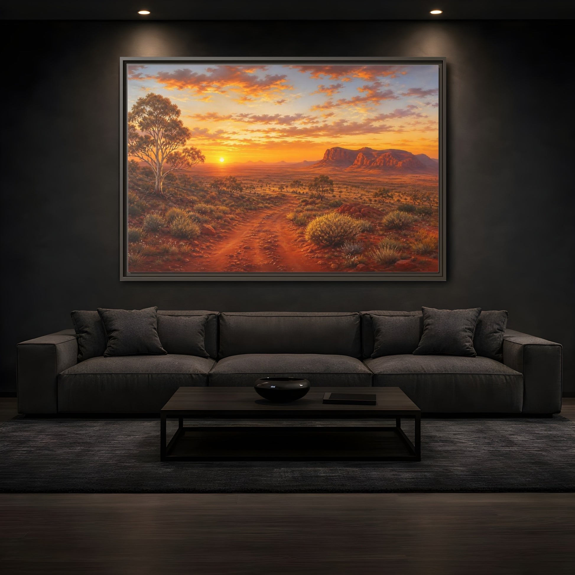 Mockup 3. Golden Outback Sunset shown as framed canvas print