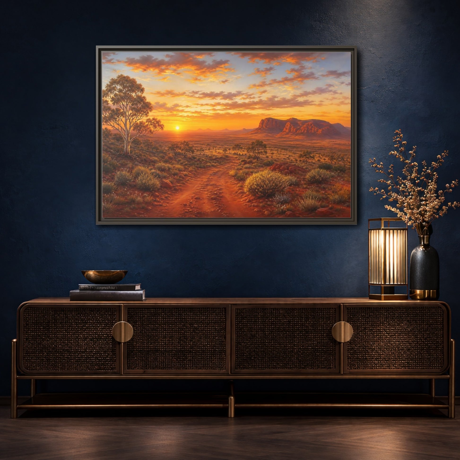 Mockup 4. Golden Outback Sunset shown as framed canvas print