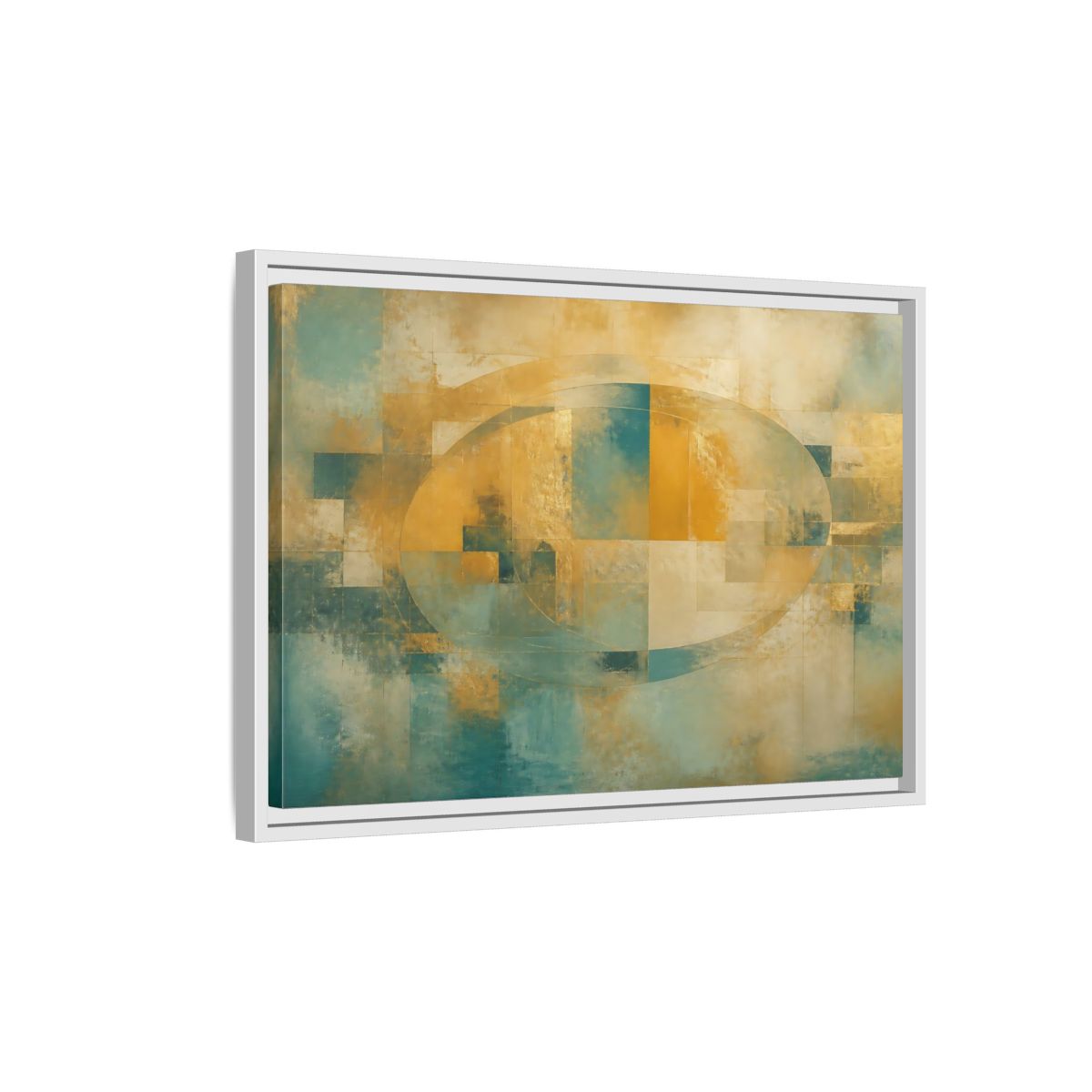 Side Mockup 1. Golden Oval Layers shown as framed canvas print