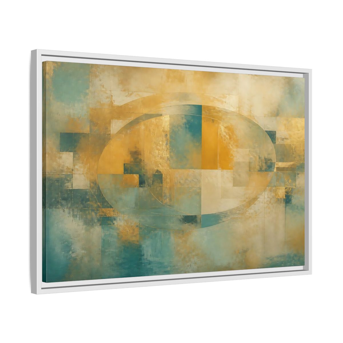 Side Mockup 10. Golden Oval Layers shown as framed canvas print