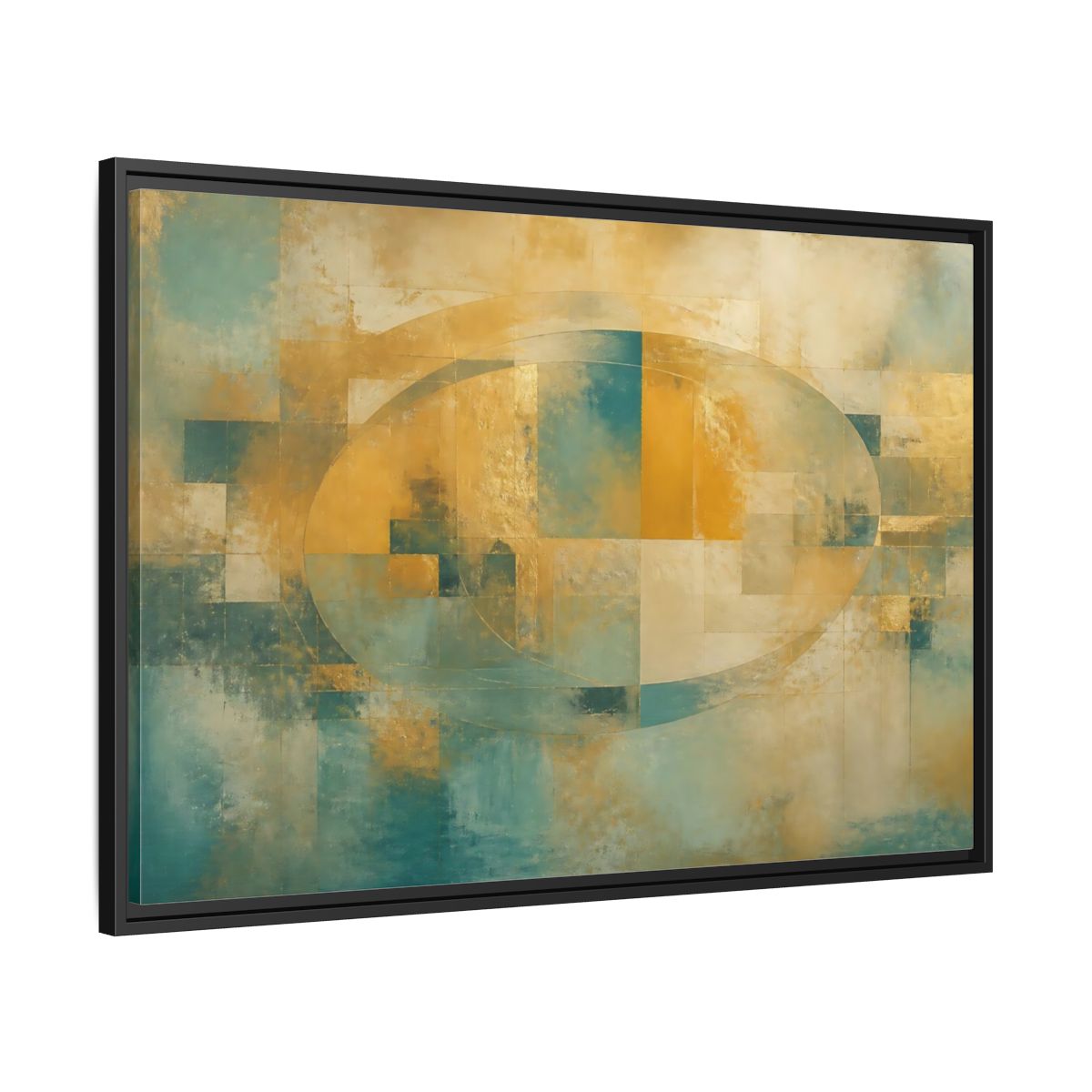 Side Mockup 13. Golden Oval Layers shown as framed canvas print