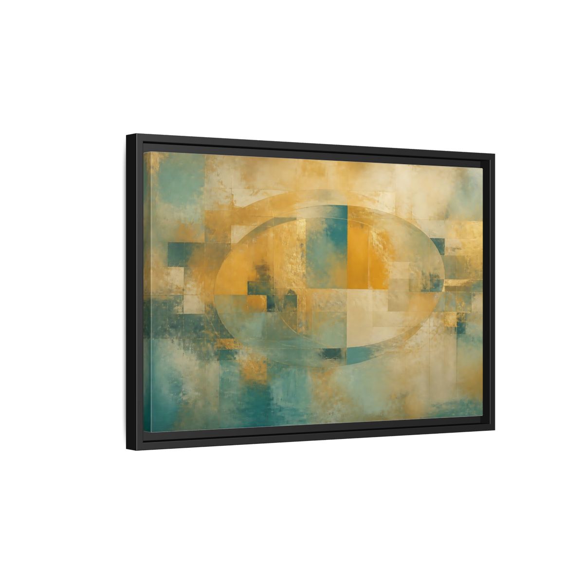Side Mockup 3. Golden Oval Layers shown as framed canvas print