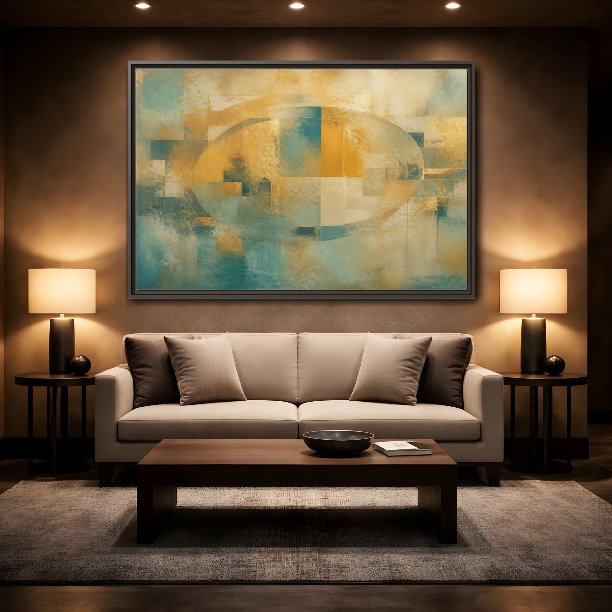 Mockup 2. Golden Oval Layers shown as framed canvas print