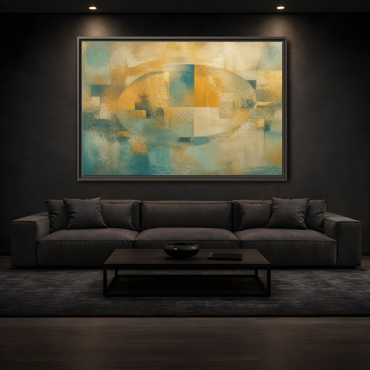 Mockup 3. Golden Oval Layers shown as framed canvas print