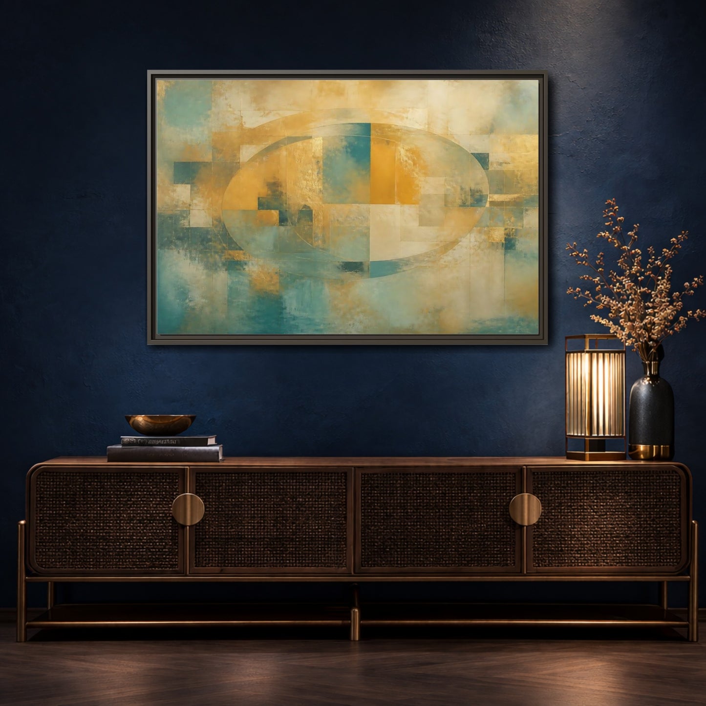 Mockup 4. Golden Oval Layers shown as framed canvas print