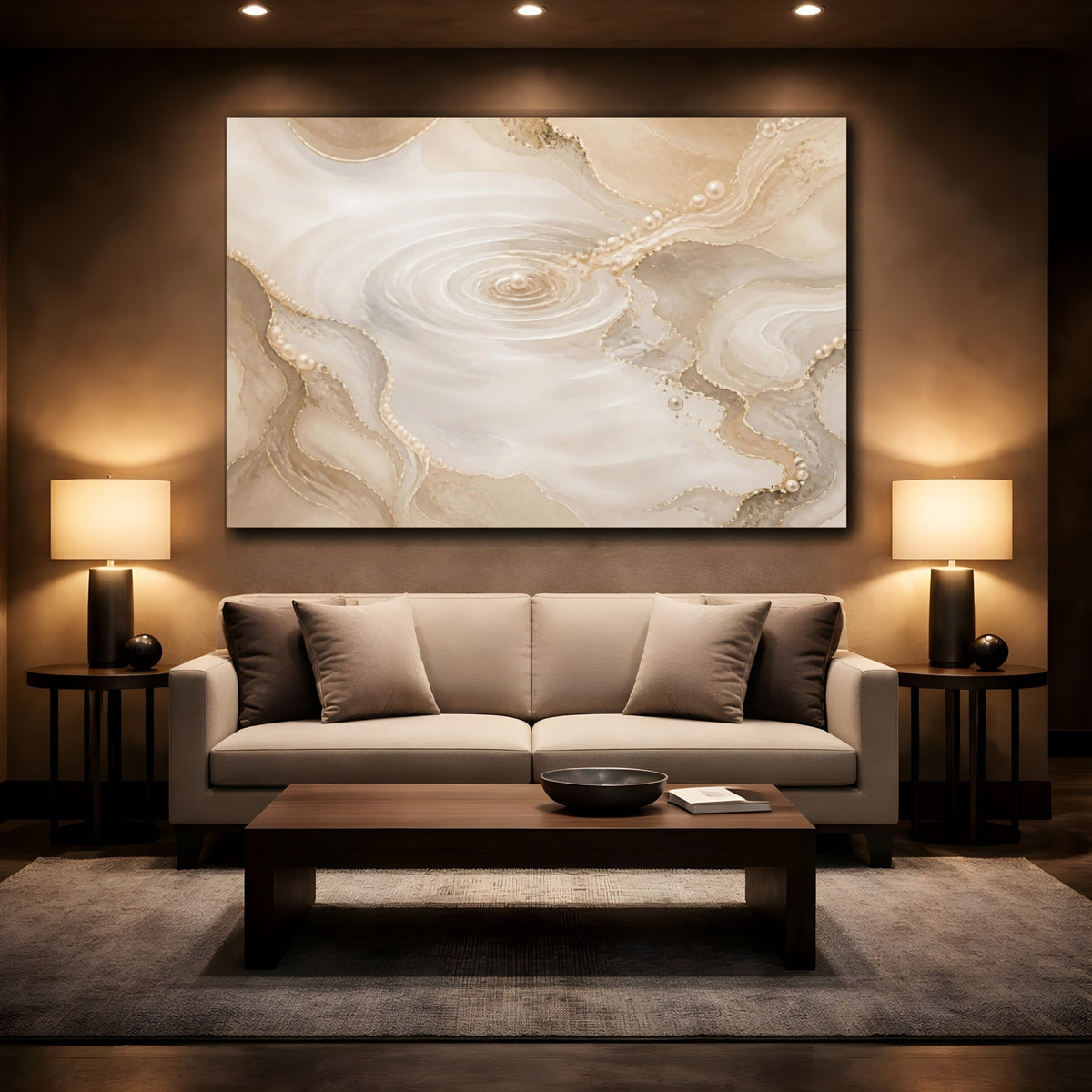 Mockup 2. Golden Pearl Ripples shown as canvas print