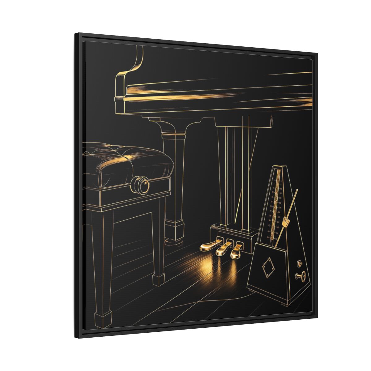 Side Mockup 6. Golden Piano And Metronome shown as framed canvas print