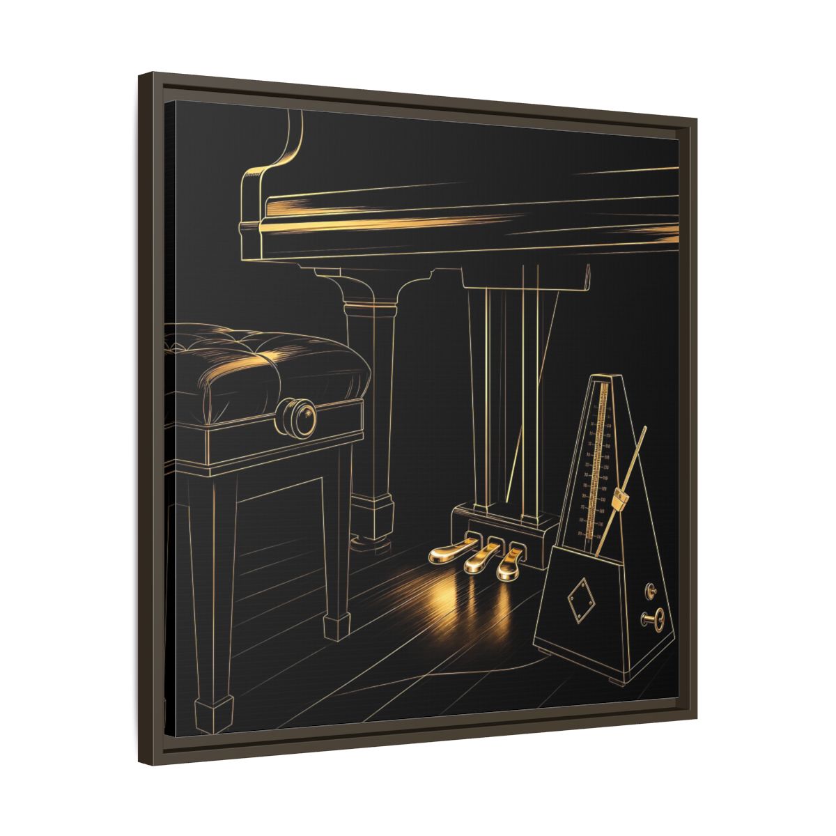 Side Mockup 27. Golden Piano And Metronome shown as framed canvas print