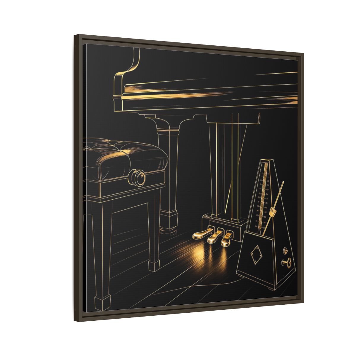Side Mockup 8. Golden Piano And Metronome shown as framed canvas print