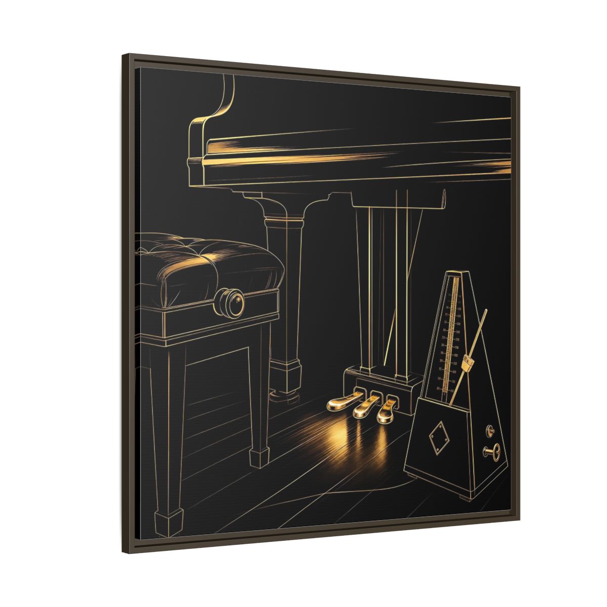 Side Mockup 5. Golden Piano And Metronome shown as framed canvas print