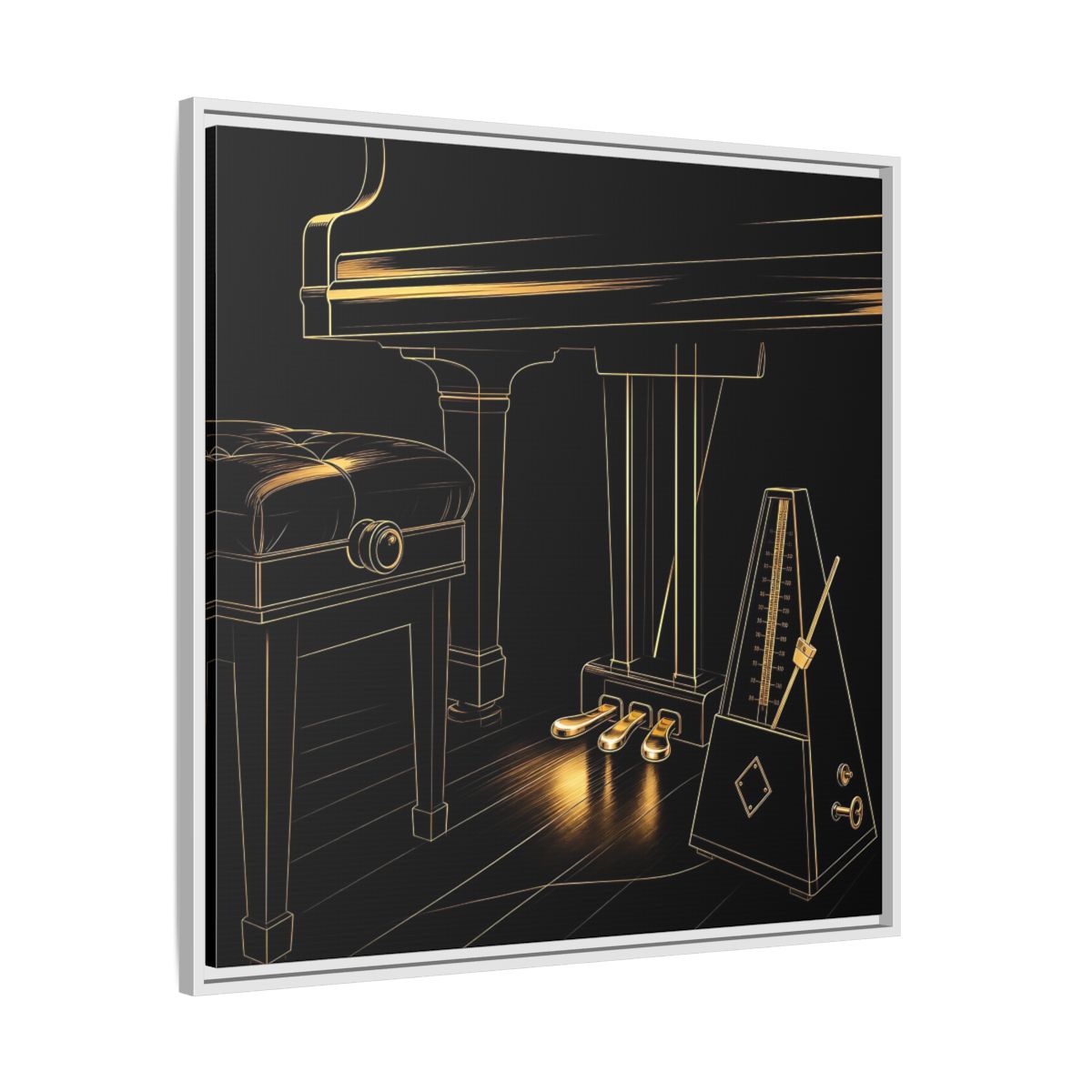 Side Mockup 25. Golden Piano And Metronome shown as framed canvas print