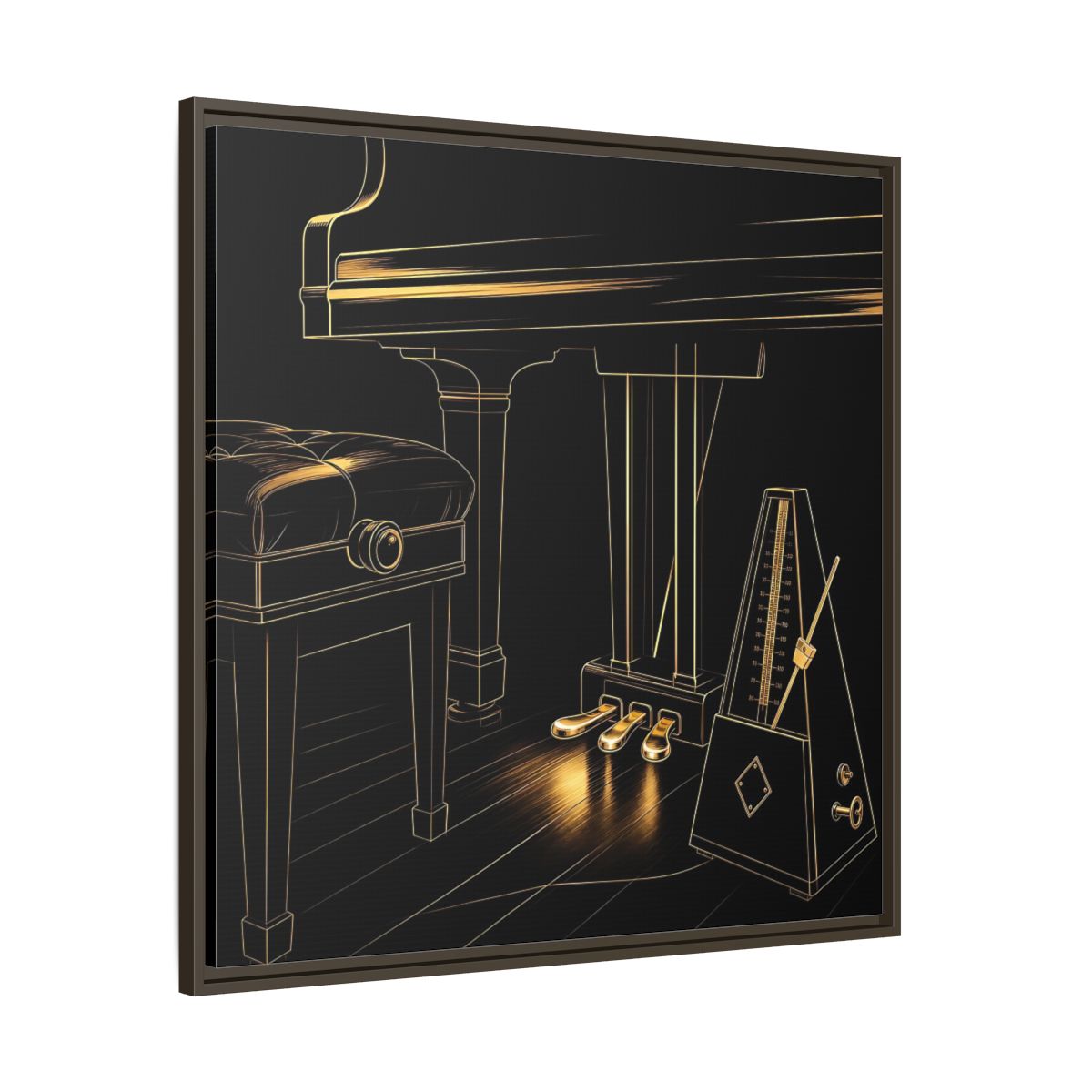 Main Mockup. Golden Piano And Metronome shown as framed canvas print