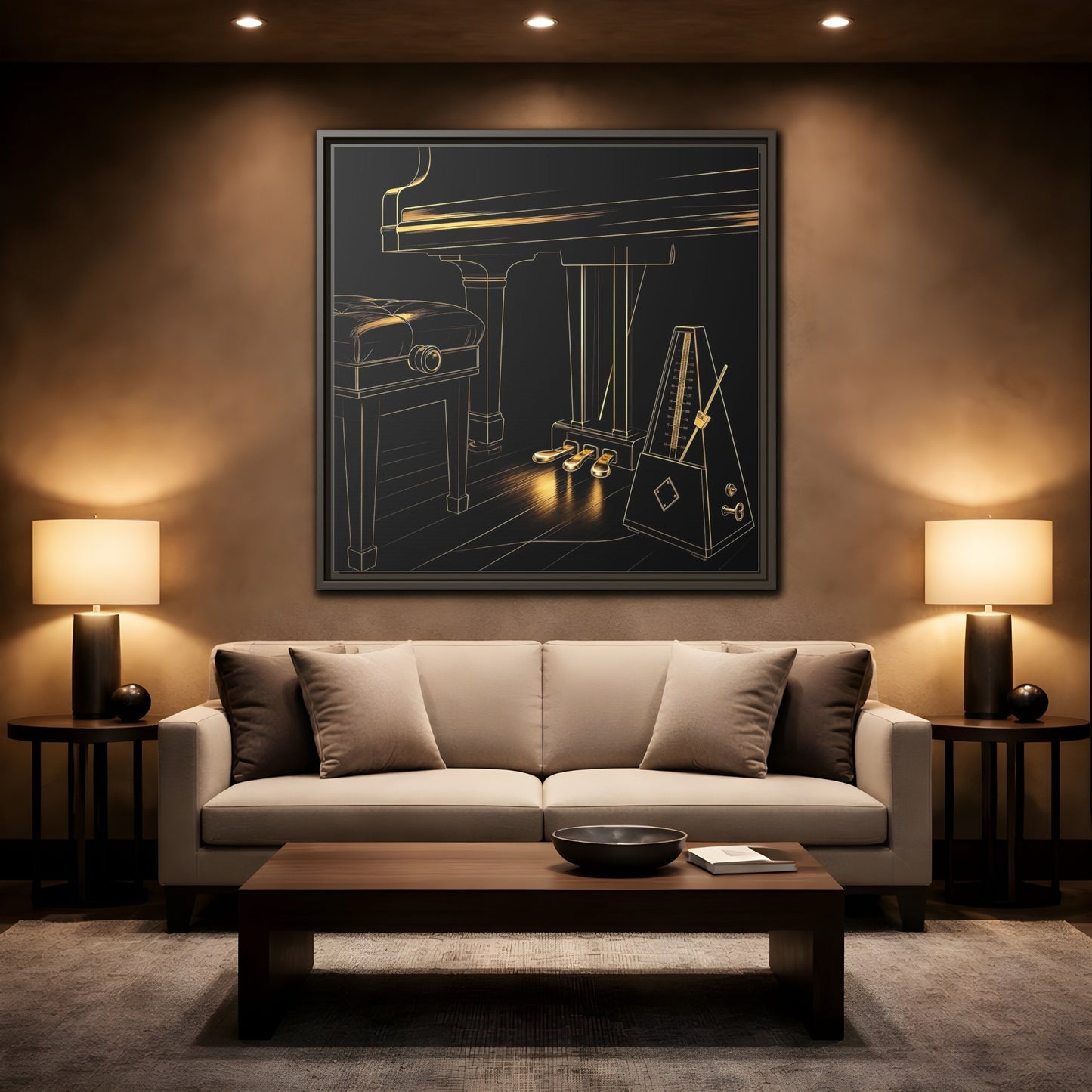 Mockup 2. Golden Piano And Metronome shown as framed canvas print