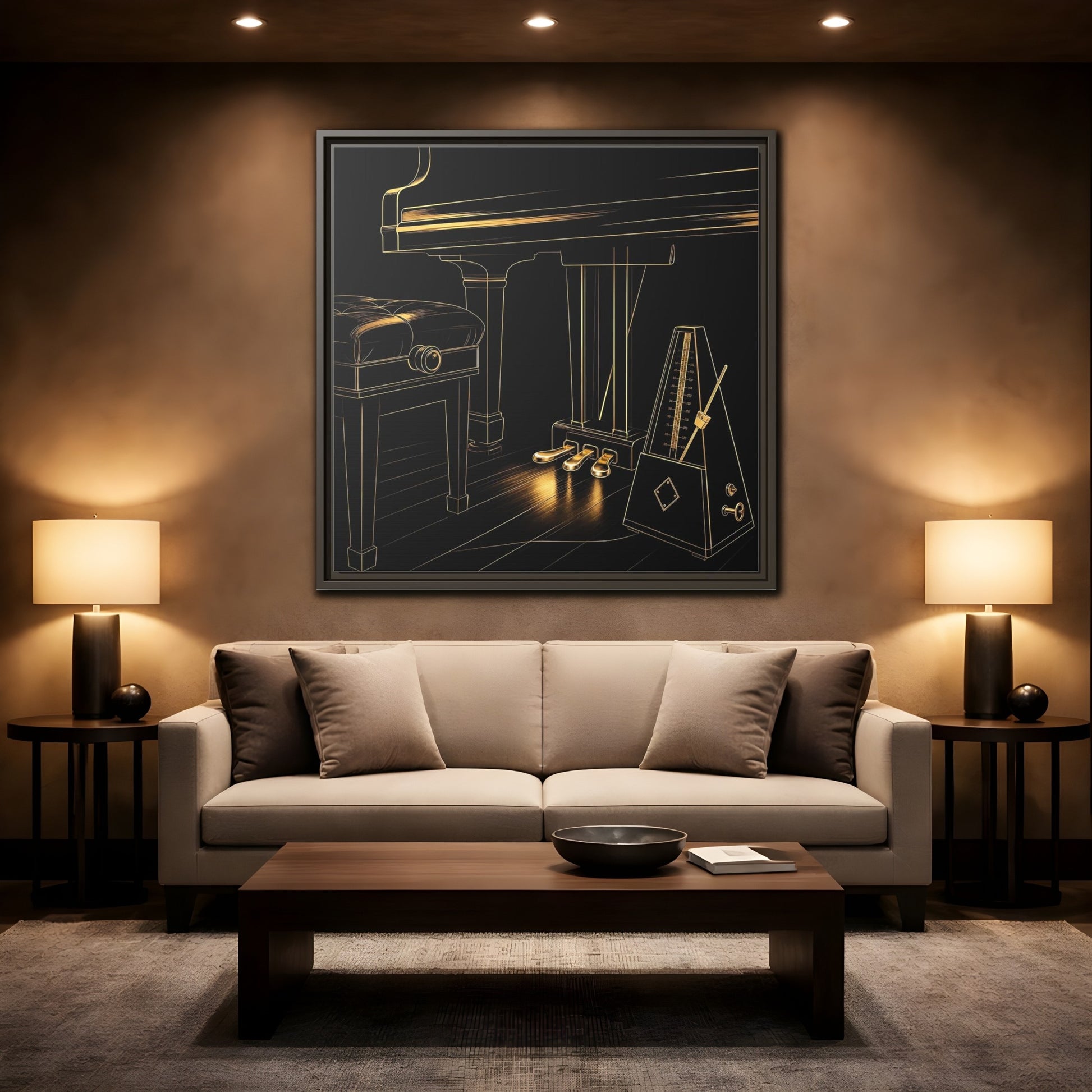 Mockup 2. Golden Piano And Metronome shown as framed canvas print