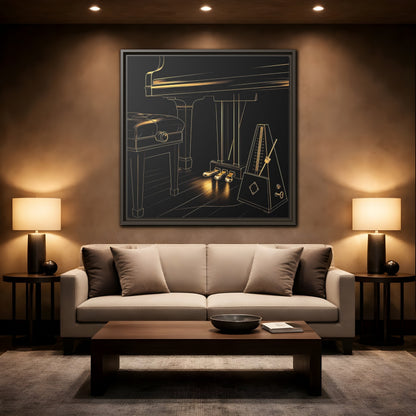 Mockup 2. Golden Piano And Metronome shown as framed canvas print