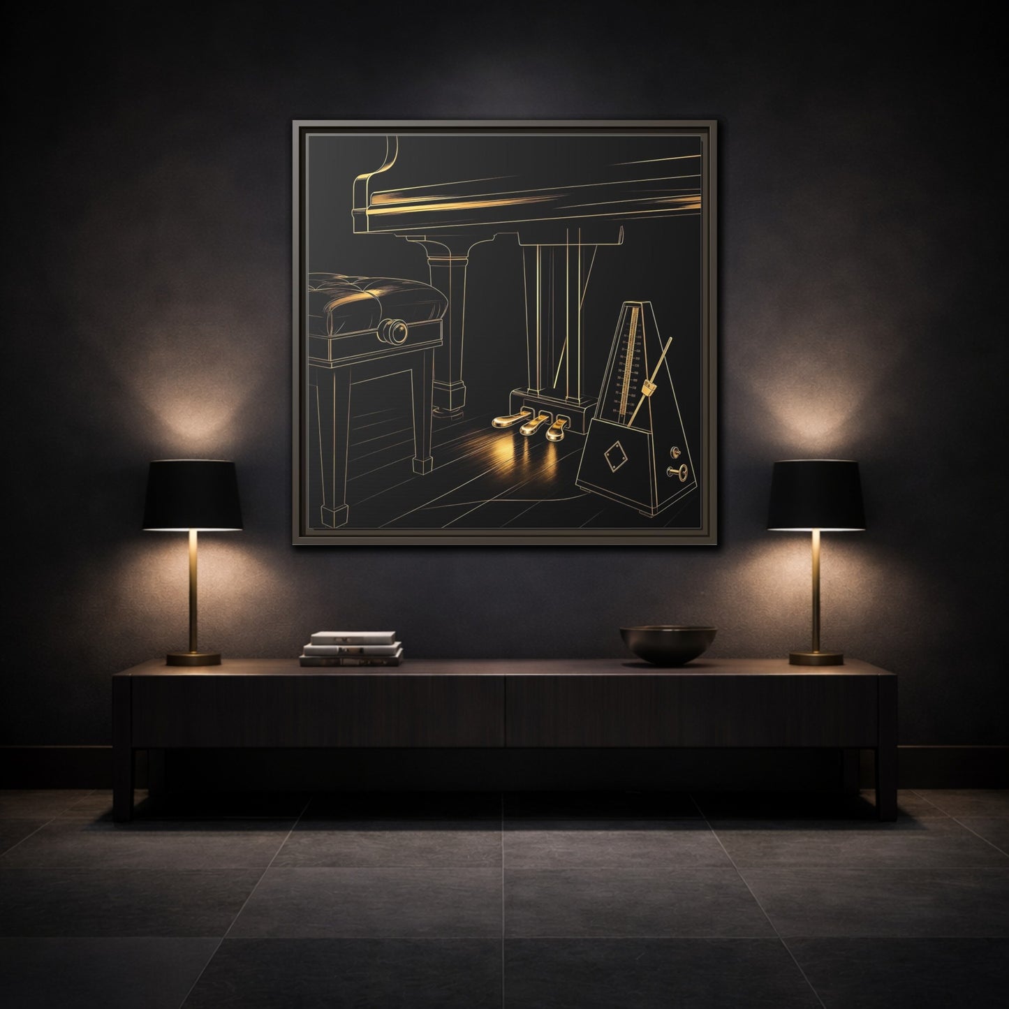 Mockup 3. Golden Piano And Metronome shown as framed canvas print