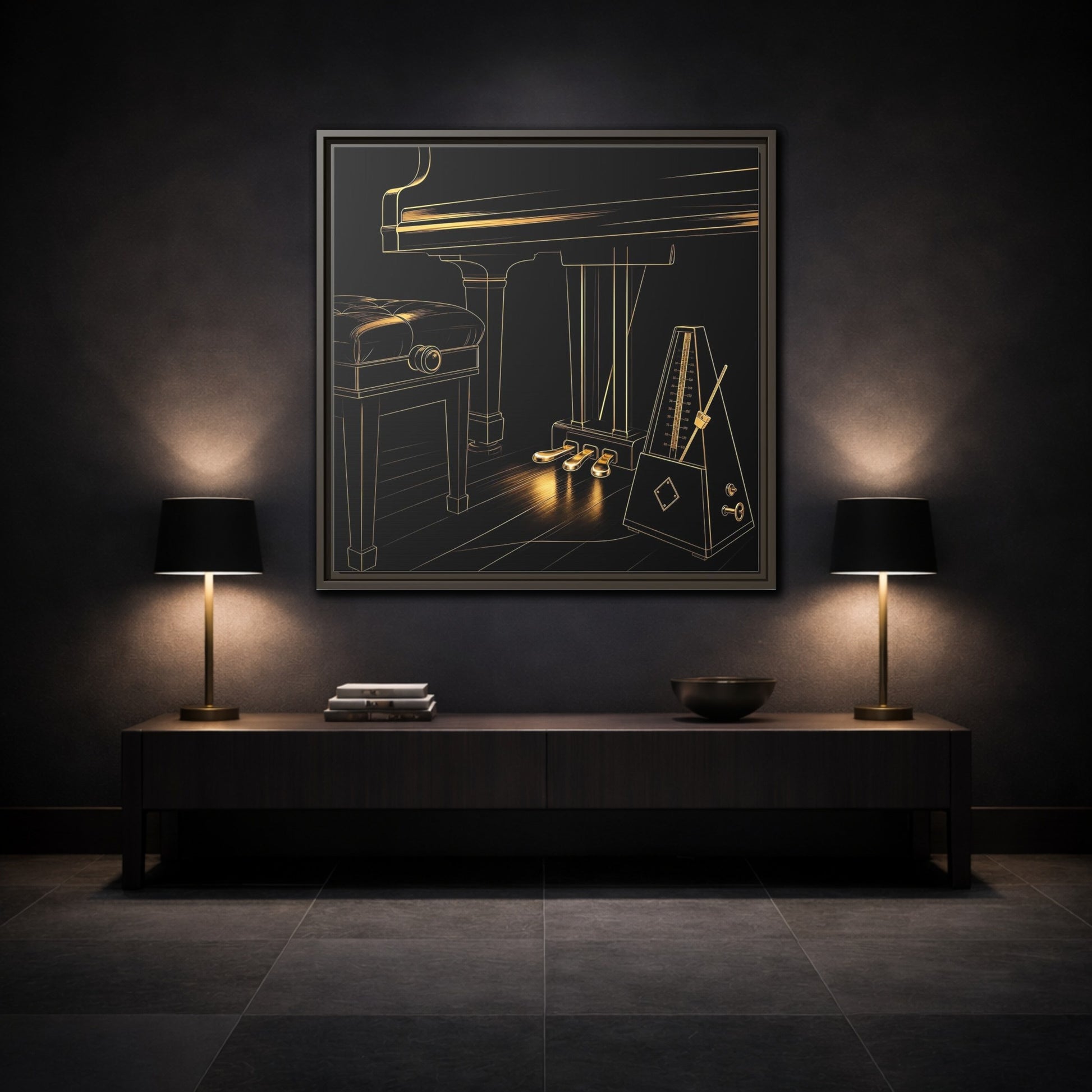 Mockup 3. Golden Piano And Metronome shown as framed canvas print