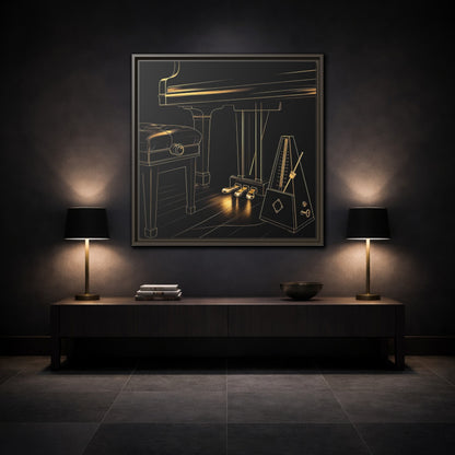 Mockup 3. Golden Piano And Metronome shown as framed canvas print