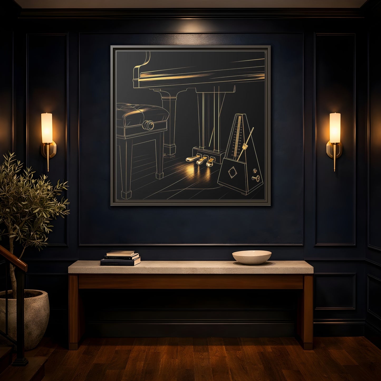 Mockup 4. Golden Piano And Metronome shown as framed canvas print