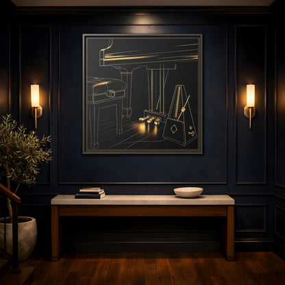 Mockup 4. Golden Piano And Metronome shown as framed canvas print