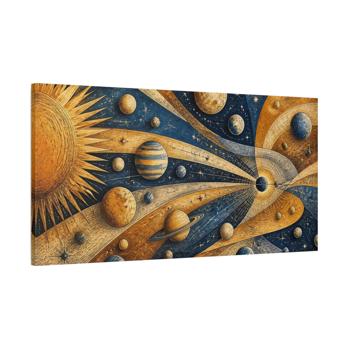 Main Mockup. Golden Planet Transit shown as canvas print