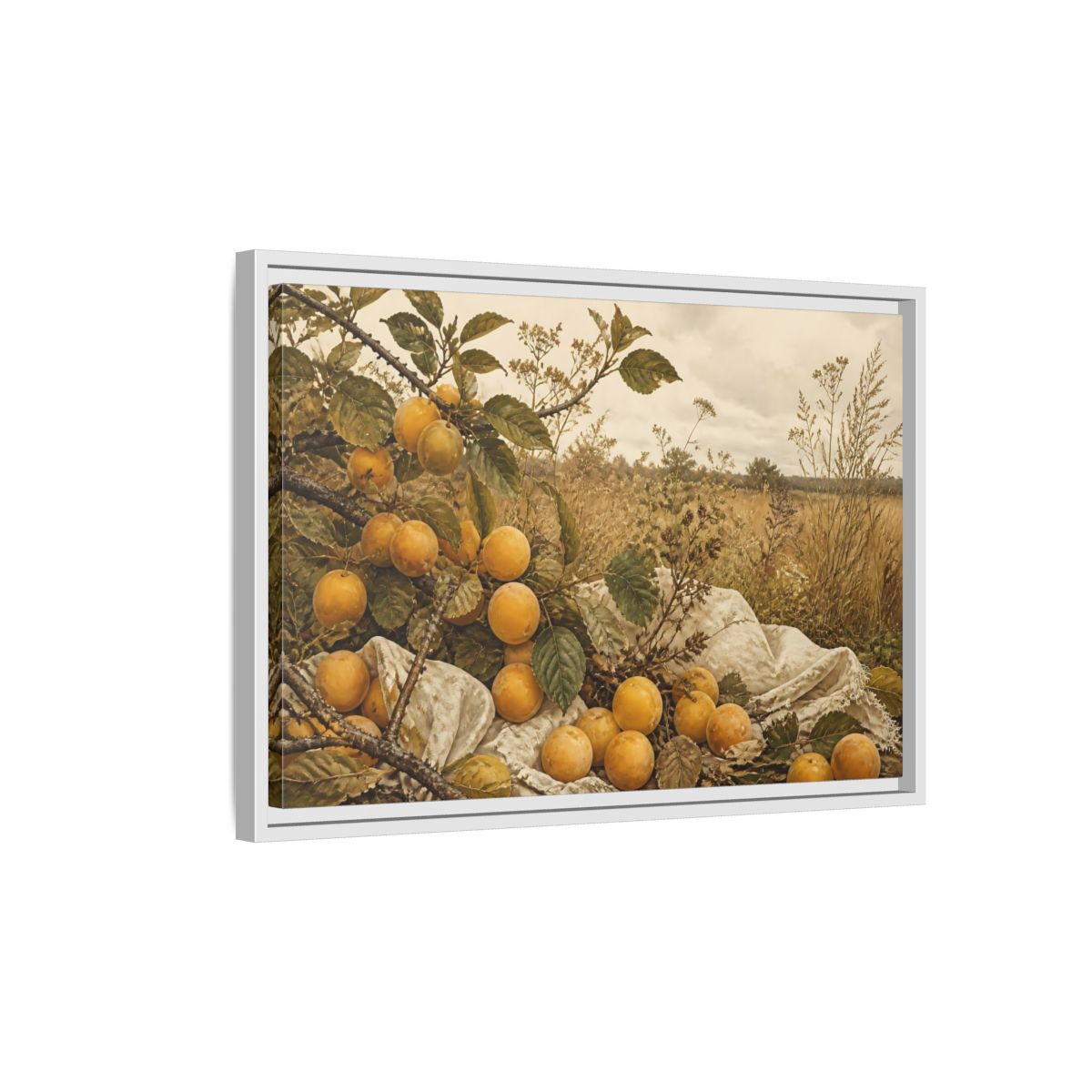 Side Mockup 1. Golden Plum Harvest shown as framed canvas print