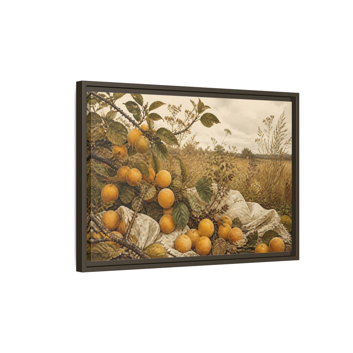 Side Mockup 2. Golden Plum Harvest shown as framed canvas print