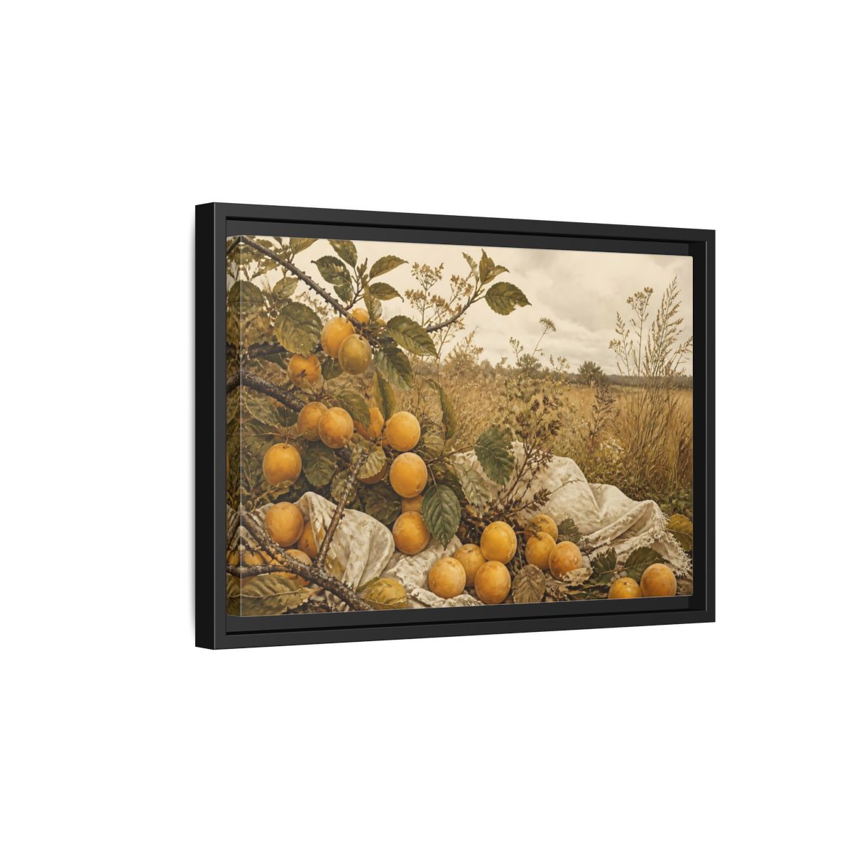 Side Mockup 6. Golden Plum Harvest shown as framed canvas print