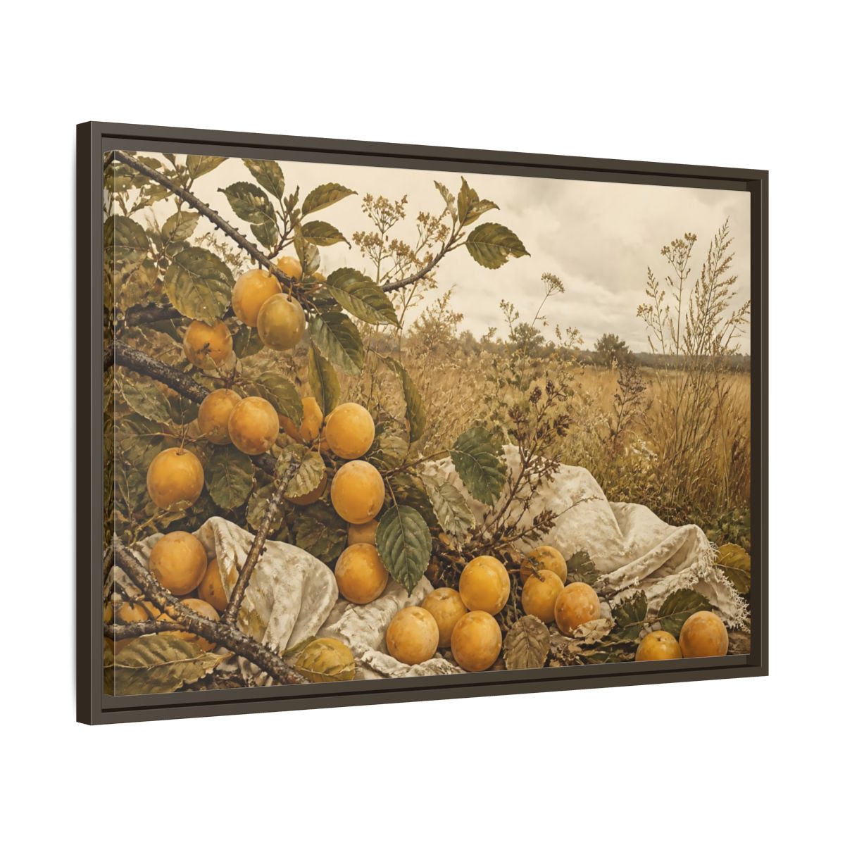Side Mockup 11. Golden Plum Harvest shown as framed canvas print