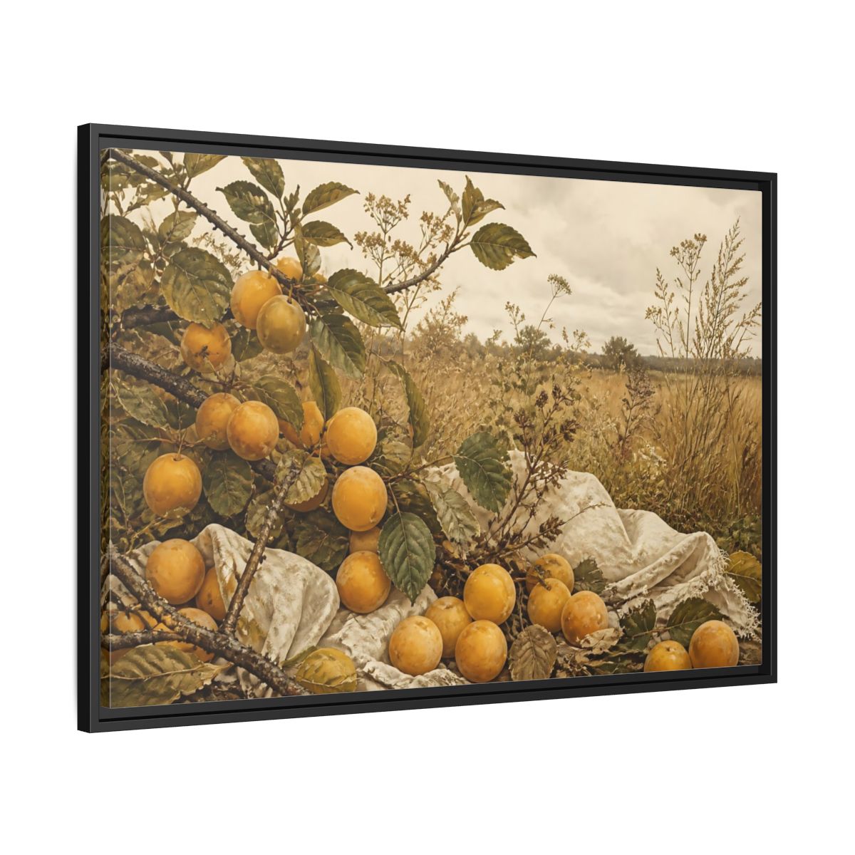Side Mockup 13. Golden Plum Harvest shown as framed canvas print