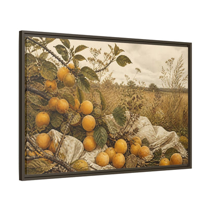 Main Mockup. Golden Plum Harvest shown as framed canvas print