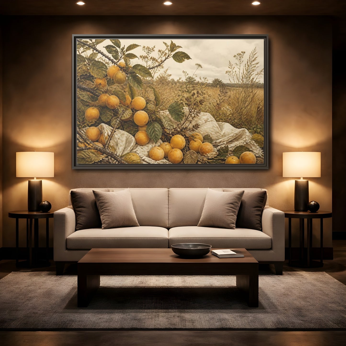 Mockup 2. Golden Plum Harvest shown as framed canvas print