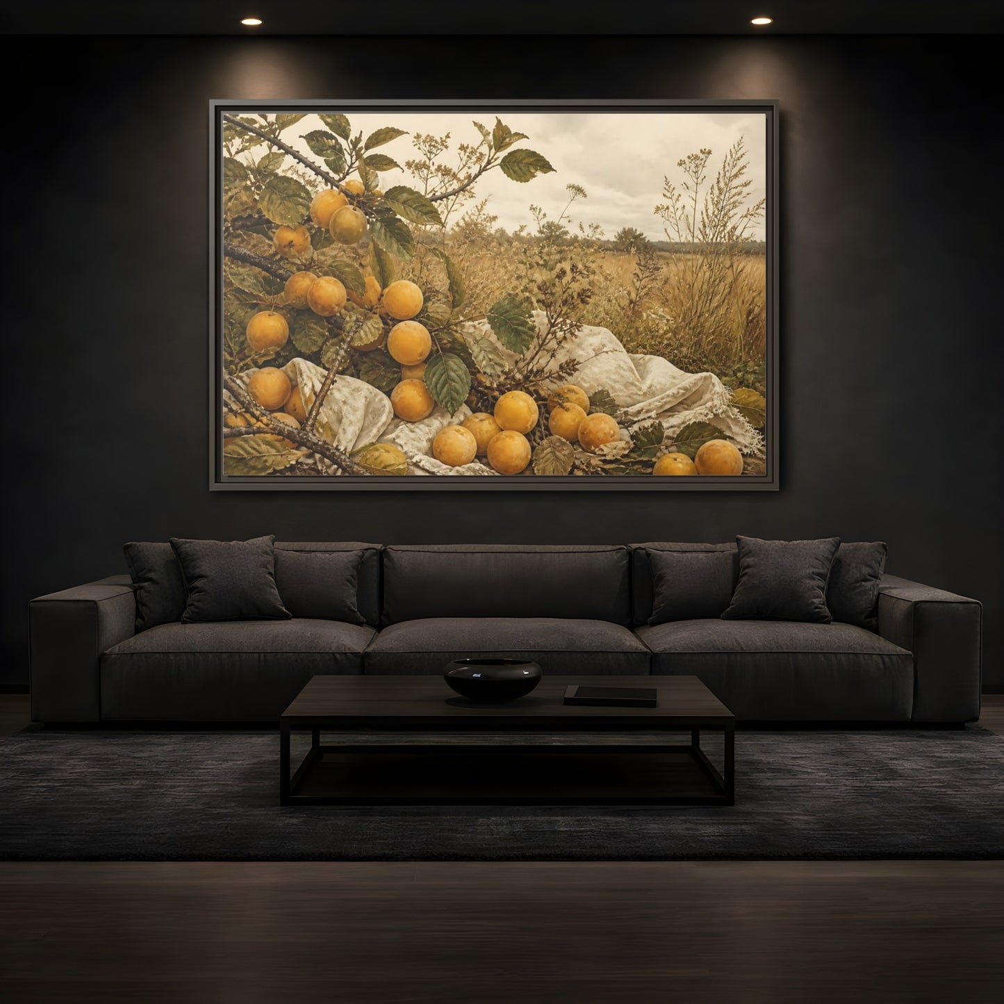 Mockup 3. Golden Plum Harvest shown as framed canvas print