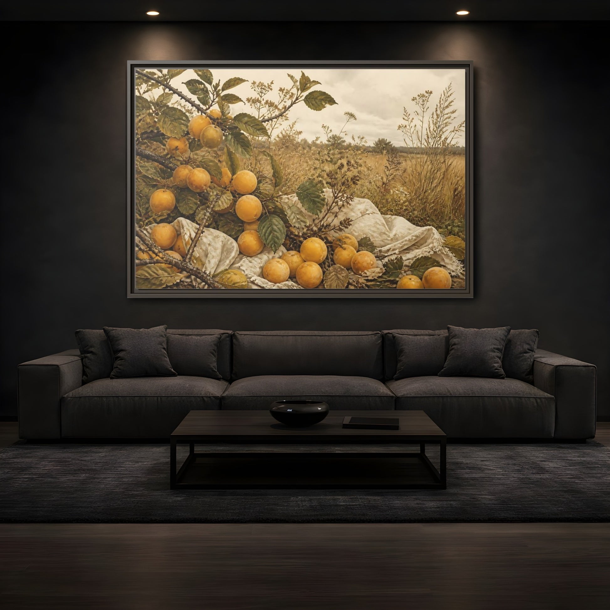Mockup 3. Golden Plum Harvest shown as framed canvas print