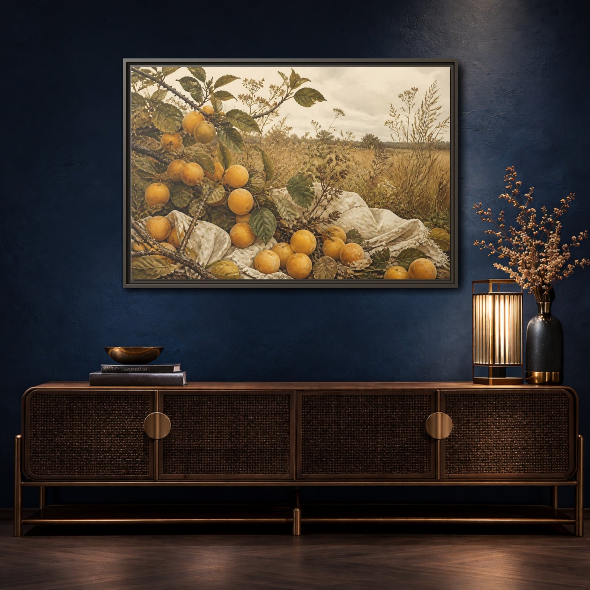 Mockup 4. Golden Plum Harvest shown as framed canvas print