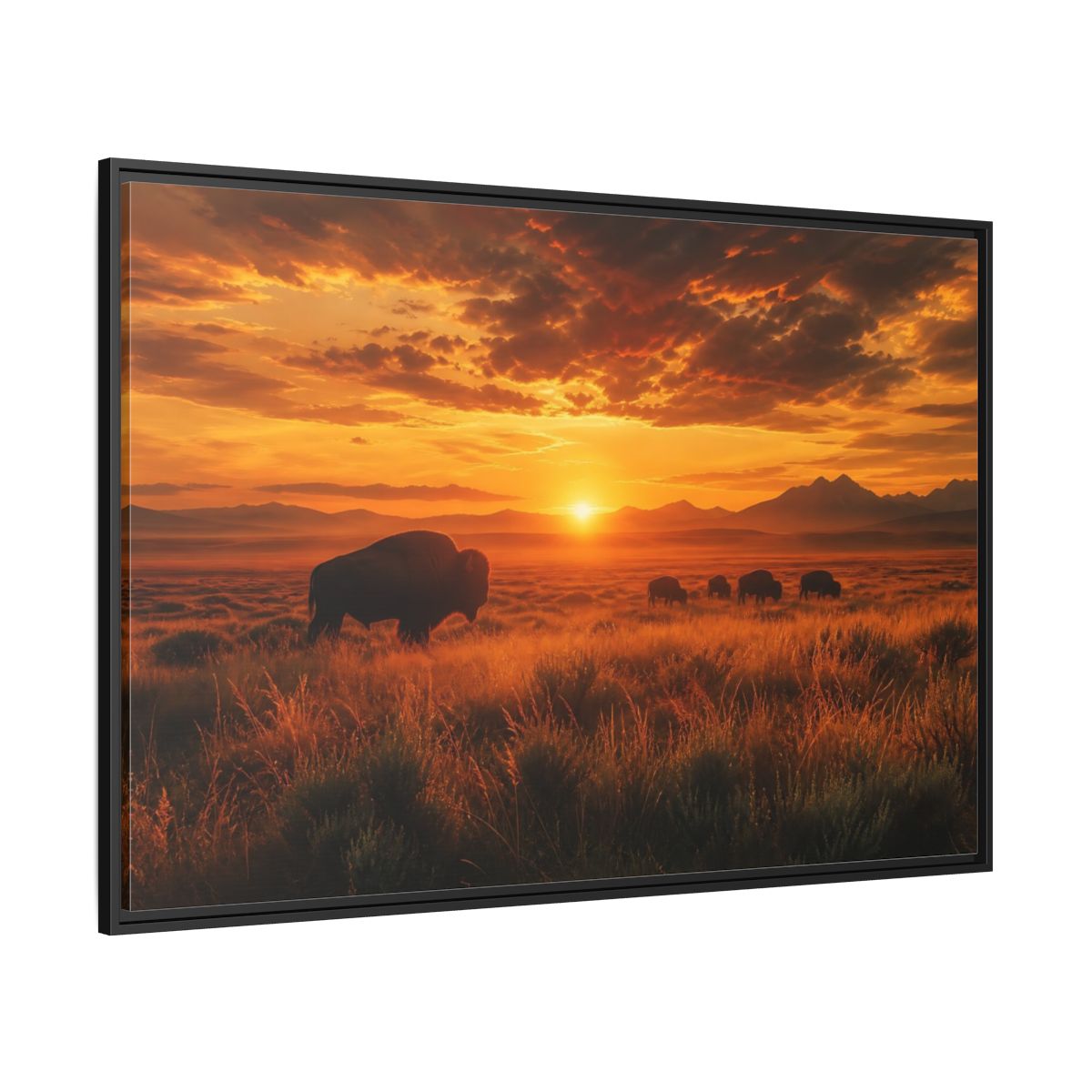 Side Mockup 12. Golden Prairie Bison At Sunset shown as framed canvas print