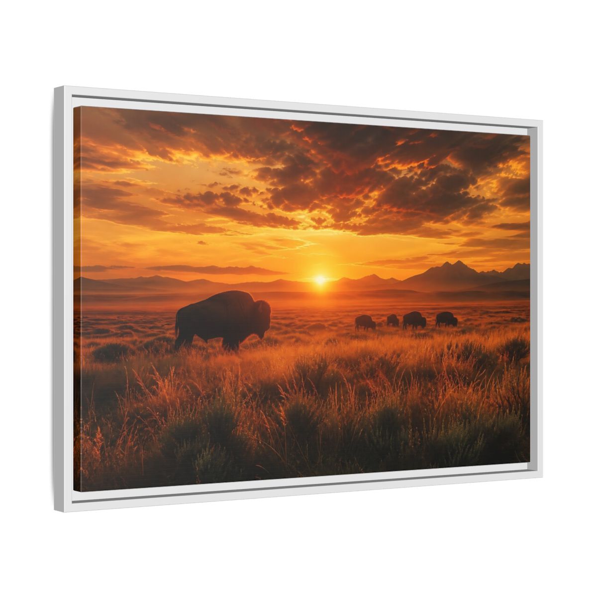 Side Mockup 10. Golden Prairie Bison At Sunset shown as framed canvas print