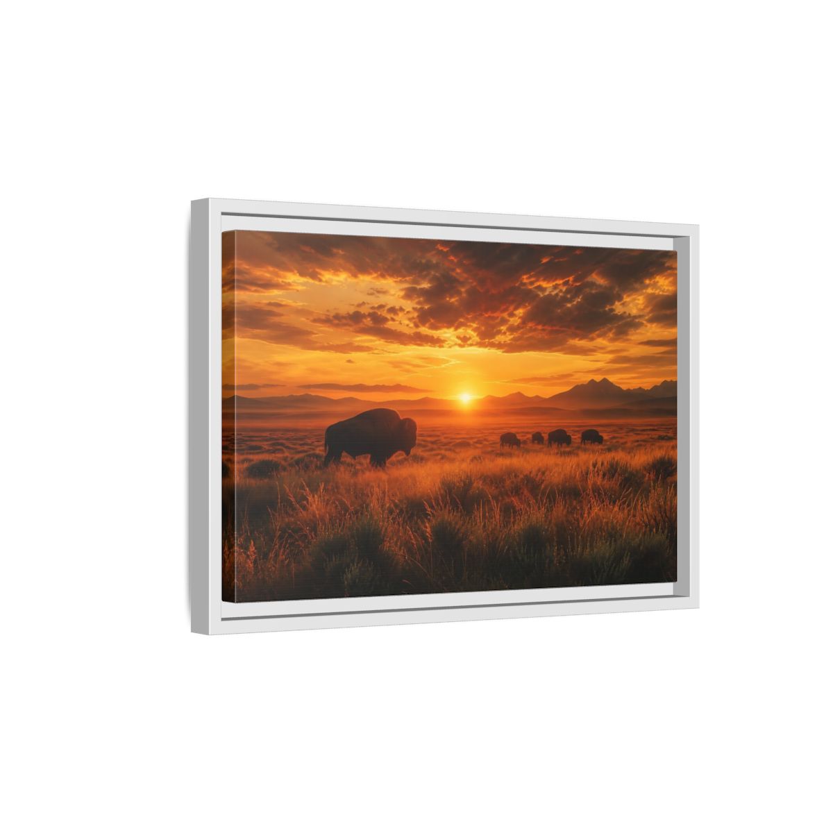 Side Mockup 4. Golden Prairie Bison At Sunset shown as framed canvas print