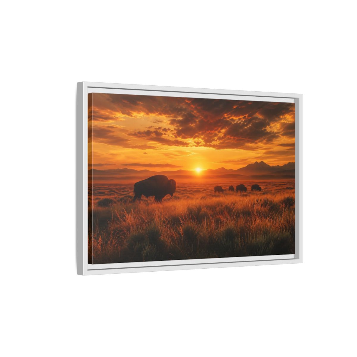 Side Mockup 1. Golden Prairie Bison At Sunset shown as framed canvas print