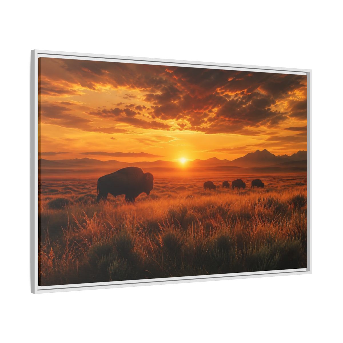 Side Mockup 7. Golden Prairie Bison At Sunset shown as framed canvas print