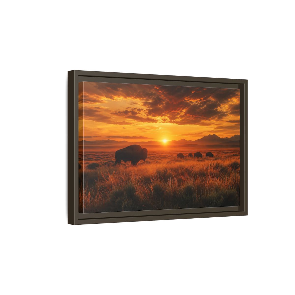 Side Mockup 5. Golden Prairie Bison At Sunset shown as framed canvas print